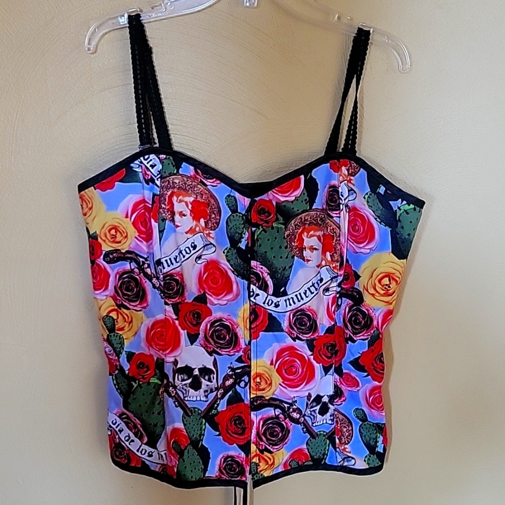Hell Bunny Multicolor Floral & Skull Bustier Camisole - Black Trim